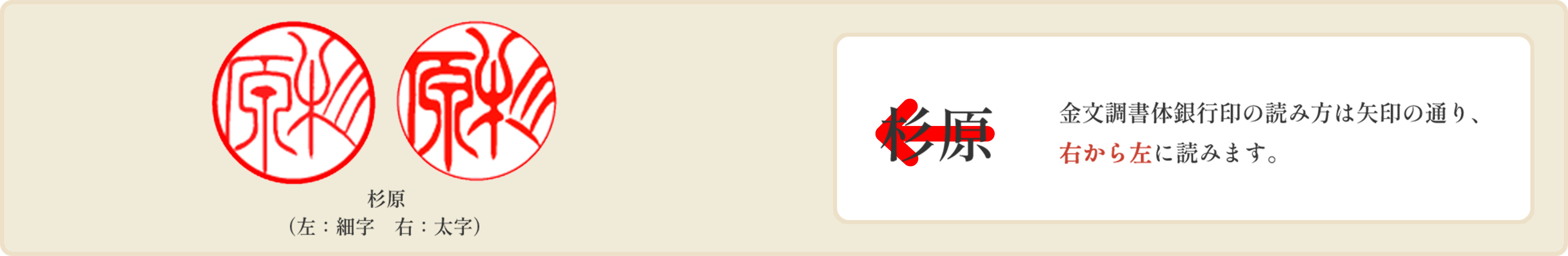 金文調書体の銀行印 苗字の横彫り見本