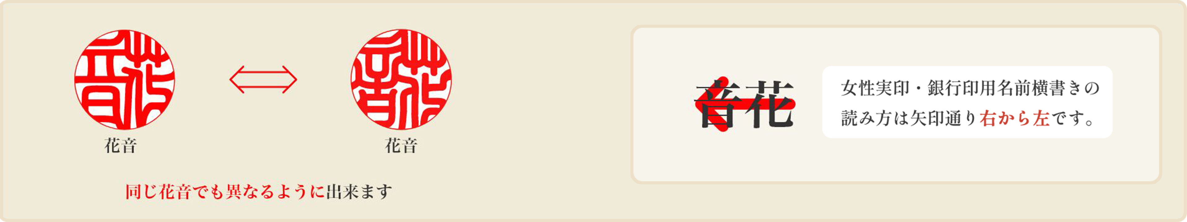 女性実印　銀行印用名前の横彫り見本